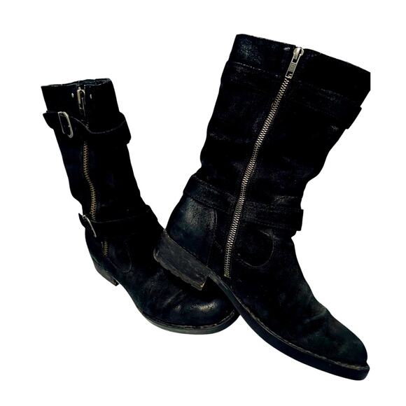 Born Womens Distressed Black Suede Midcalf Boots Buckle Zippers F06409 Size 7.5M - Picture 1 of 6